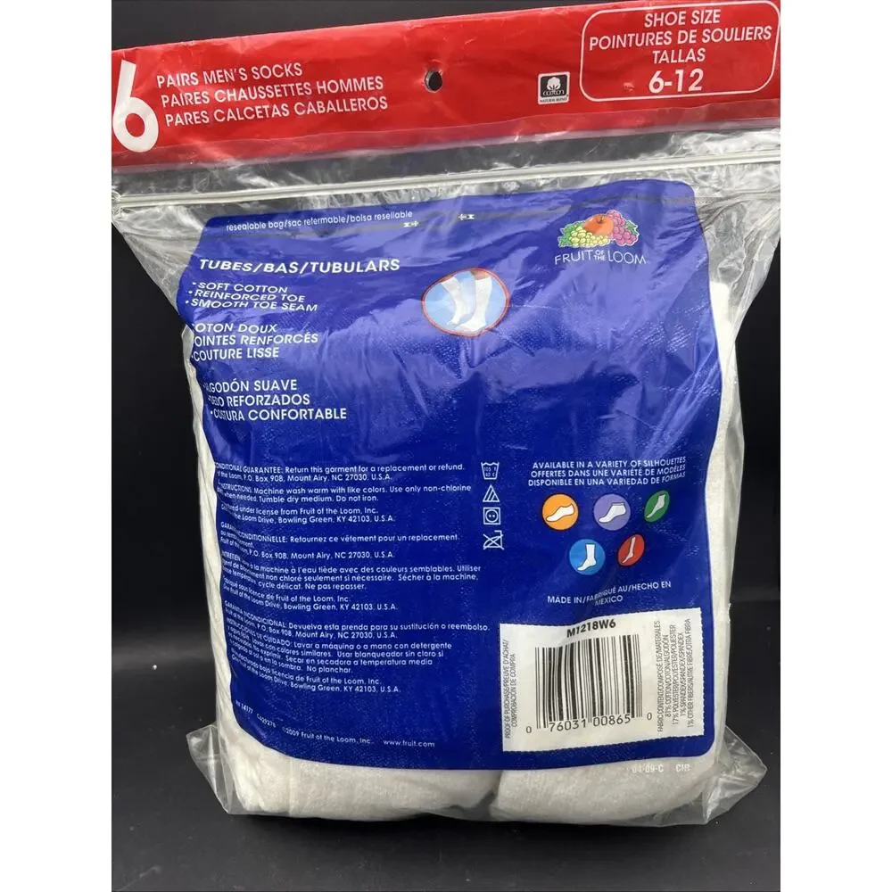 Fruit of the Loom Mens White Tube Socks Over the Calf 6 Pairs Cushioned Cotton